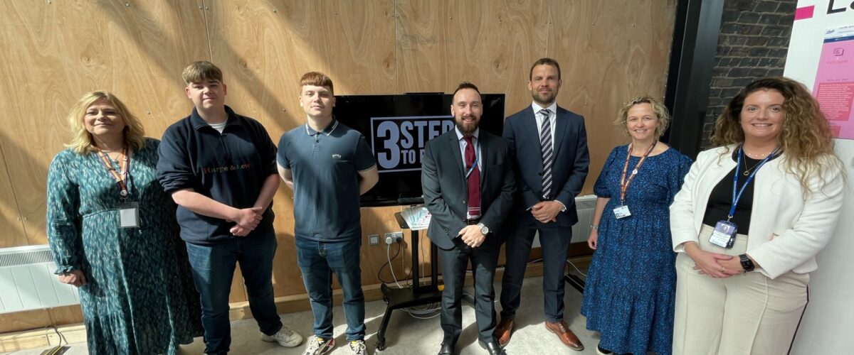 Picture shows from left to right: Helen Holmes, Course Leader, BA Hons Digital Media at University of Worcester, Jacob Sanders and Aaron Bell, Digital Media students, Detective Sergeant Will Horton, Detective Chief Inspector Tony Garner, West Mercia Police, Rachel Ammonds, Head of Digital Media Department at University of Worcester and Assistant Police and Crime Commissioner, Nicola Lowery.